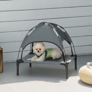 PawHut Elevated Portable Dog Cot Pet Bed with UV Protection Canopy Shade, Gray